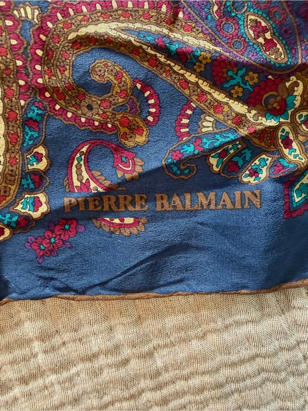BALMAIN Vintage Navy Paisley Silk-Blend Scarf with Gold & Teal Accents, 30x30